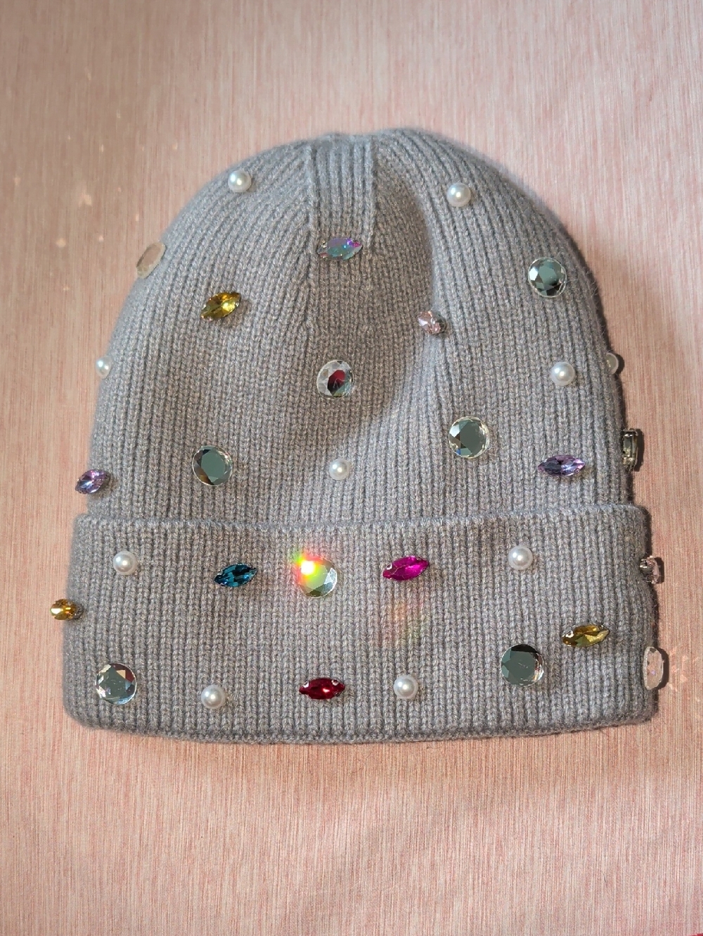 Embellished Knit Beanie with Pearls and Multicolor Gems